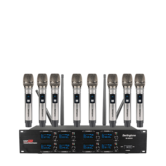 Berligtone BR-800UM Professional Wireless Microphone System, 8-Channel UHF Wireless Mic, Fixed Frequency Metal Cordless Mic with 8 Handheld Dynamic Microphones, 260ft Range
